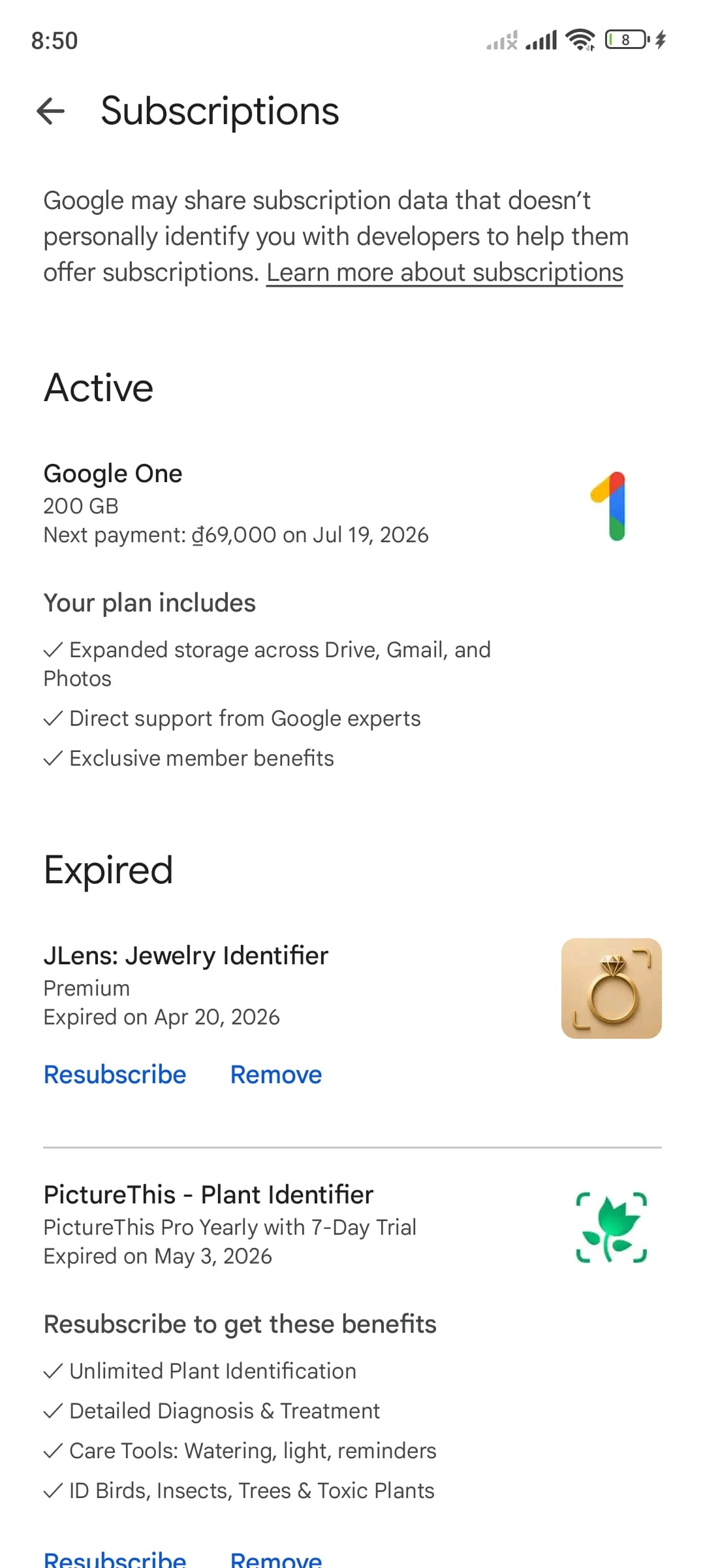 Obrazovka správy předplatného Google Play zobrazující aktivní a vypršená předplatná