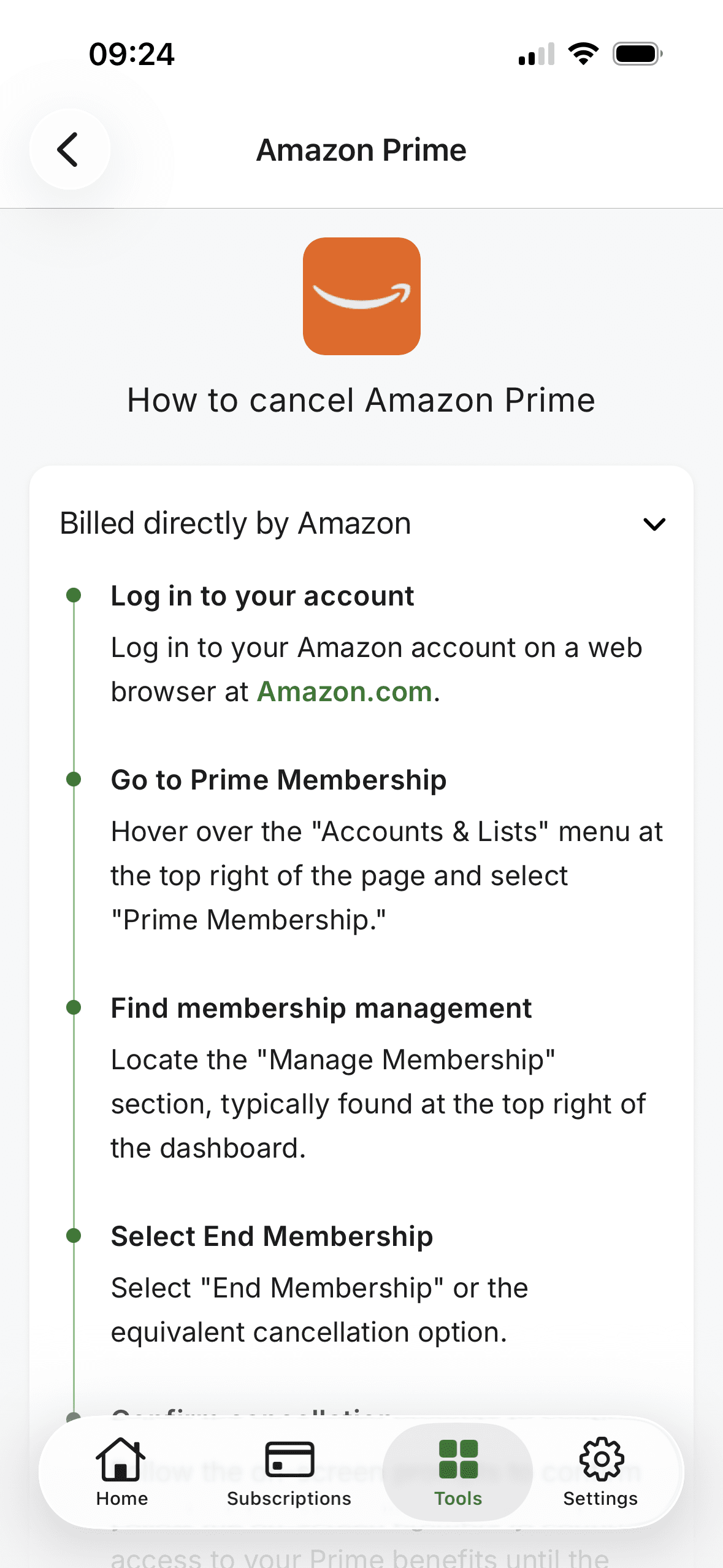 Průvodce zrušením SubIQ zobrazující podrobné pokyny pro ukončení členství Amazon Prime