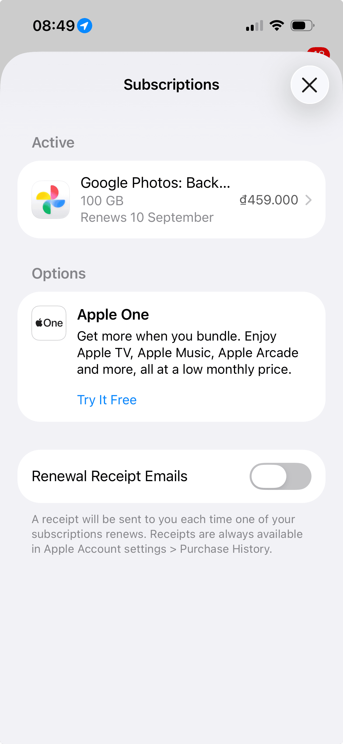 Obrazovka správy předplatného Apple zobrazující aktivní předplatné a nastavení obnovení